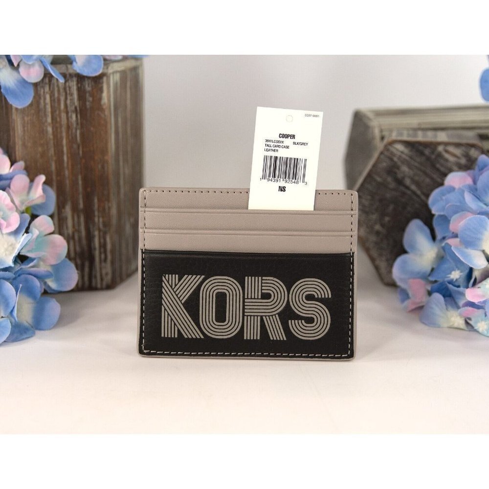 Michael Kors Cooper Black Taupe Leather Tall Card Case Holder Mini Wallet NWT